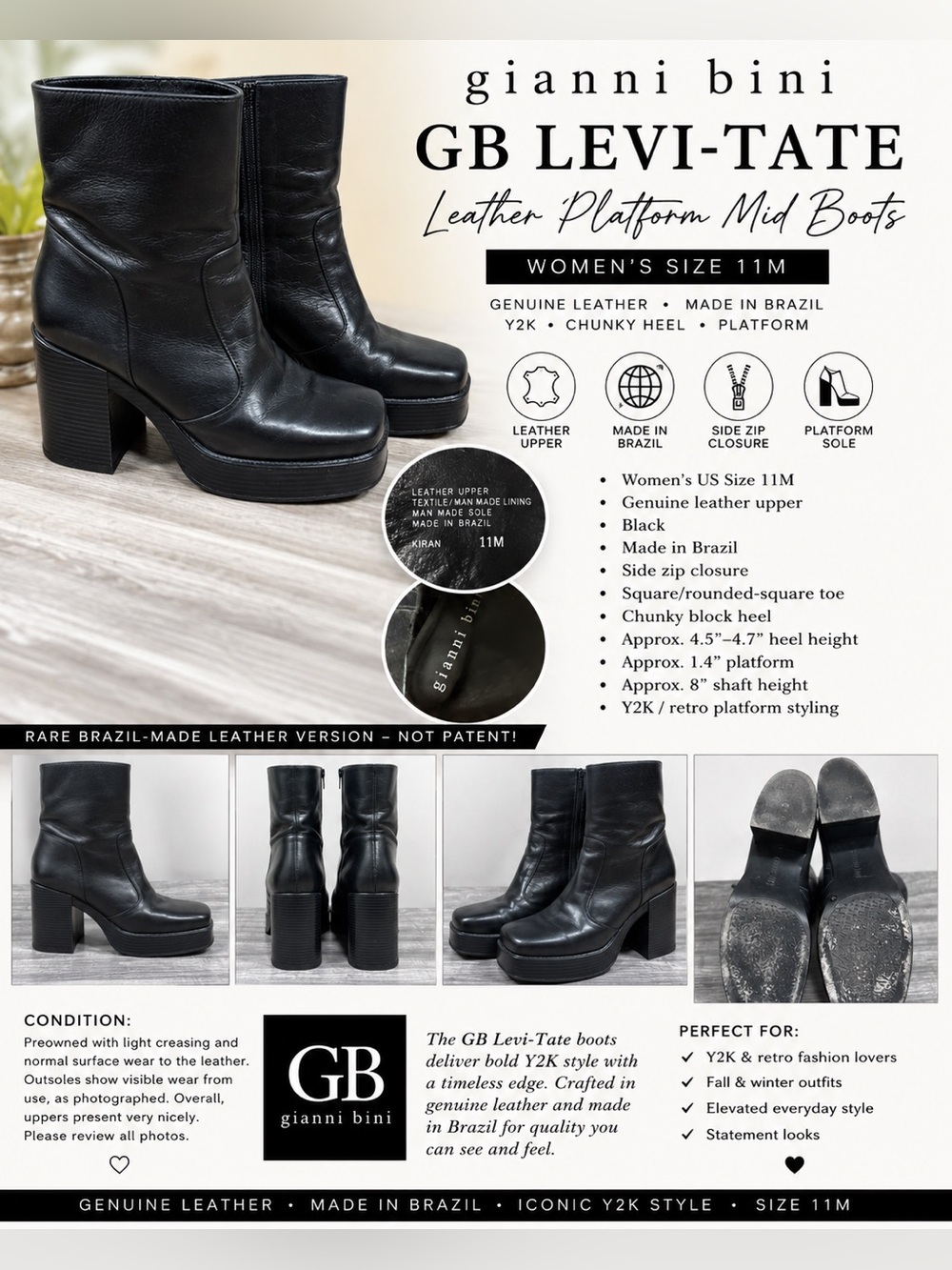 Gianni Bini GB Levi-Tate Leather Platform Mid Boots Black Women’s 11M Y2K